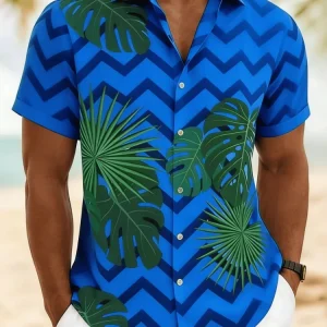 American Seaside Vacation Wave Pattern Paired with Tropical Broad-leaved Men’s Summer Thin Beach Travel Casual Shirt