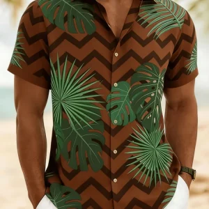 American Seaside Vacation Wave Pattern Paired with Tropical Broad-leaved Men’s Summer Thin Beach Travel Casual Shirt