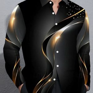Men’s Geometric Gradient Waves Shirt Button Up Shirt Casual Long Sleeve Fashion Streetwear Summer 3D Print Collared Shirt