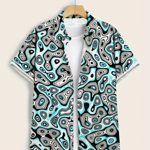 Psychedelic wave 3d print short sleeve shirt, men’s aloha collar hawaiian shirt, ideal for daily wear