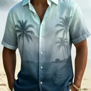 Sunset Gradient Coconut Palm Beach Cabin Sea Wave Pattern Unisex Short Sleeve Blouse Camp Collar Loose Vacation Shirt