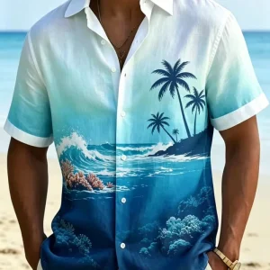 Sunset Gradient Coconut Palm Beach Cabin Sea Wave Pattern Unisex Short Sleeve Blouse Camp Collar Loose Vacation Shirt