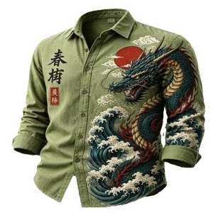 Men’s Wave Shirt Long Sleeve Dragon New Men’s Chinese Style Trendy Casual Shirt with Oriental Dragon Xiangyun Wave Printed Long Sleeve Shirt