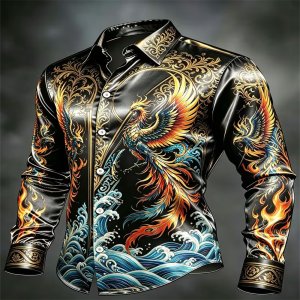Men’s shirt Men’s shiny shirt, phoenix print shirt, wavy pattern shirt, black long sleeved shirt, luxury men’s party shirt