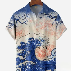 Sakura Ocean Wave Hawaiian Shirt Multi Style Optional Men US Retro Korean Oversized Asian Vacation Aloha Shirts