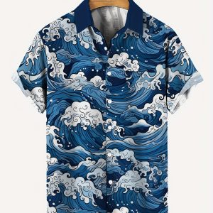 Men’s Japanese Ocean Wave Print Short Sleeve Shirt Casual Hawaiian Button Down Shirts For Men Beach Vacation Wear