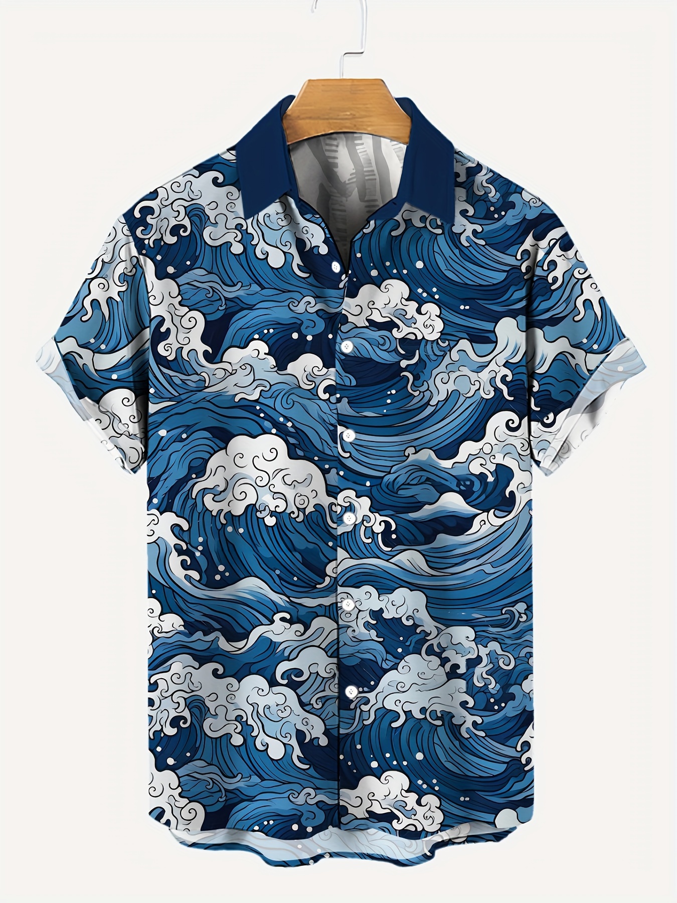 Men's Japanese Ocean Wave Print Short Sleeve Shirt Casual Hawaiian Button Down Shirts For Men Beach Vacation Wear