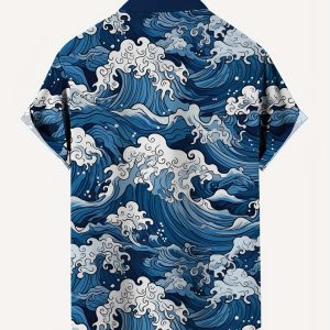 Men’s Japanese Ocean Wave Print Short Sleeve Shirt Casual Hawaiian Button Down Shirts For Men Beach Vacation Wear