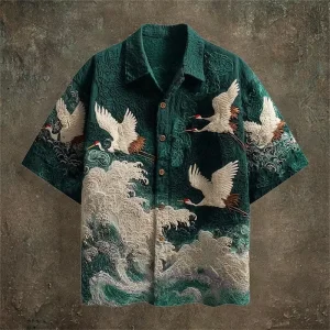 Japanese Shirt Mens Harajuku Wave Crane Ukiyo Print Short Sleeve Button Down Casual Summer Vintage Loose Oriental Streetwear