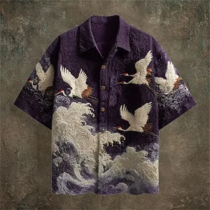 Japanese Shirt Mens Harajuku Wave Crane Ukiyo Print Short Sleeve Button Down Casual Summer Vintage Loose Oriental Streetwear
