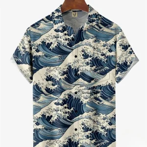 Men Short Sleeve Button Down Shirt Japanese Wave Print Casual Beach Holiday Hawaiian Shirts