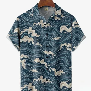 Men Short Sleeve Button Down Shirt Japanese Wave Print Casual Beach Holiday Hawaiian Shirts