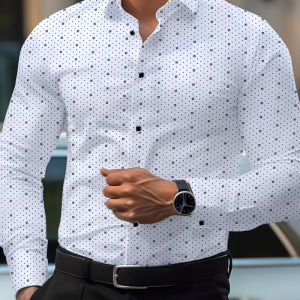 Men’s formal shirt Men’s long sleeved lapel formal shirt, fashionable mini wavelet dot printed business shirt, daily casual top, available in multi