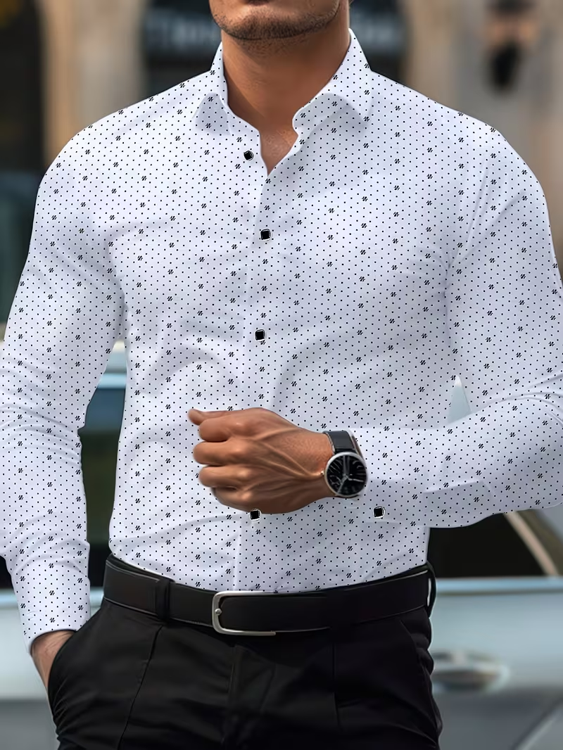 Men's formal shirt Men's long sleeved lapel formal shirt, fashionable mini wavelet dot printed business shirt, daily casual top, available in multi