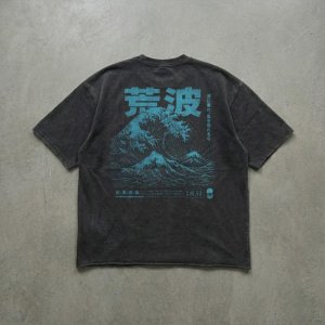 Vintage Washed T-shirt Japanese The Great Wave Back Print Kanagawa Ocean Graphic Cotton Loose Short Sleeve Men Streetwear Tee