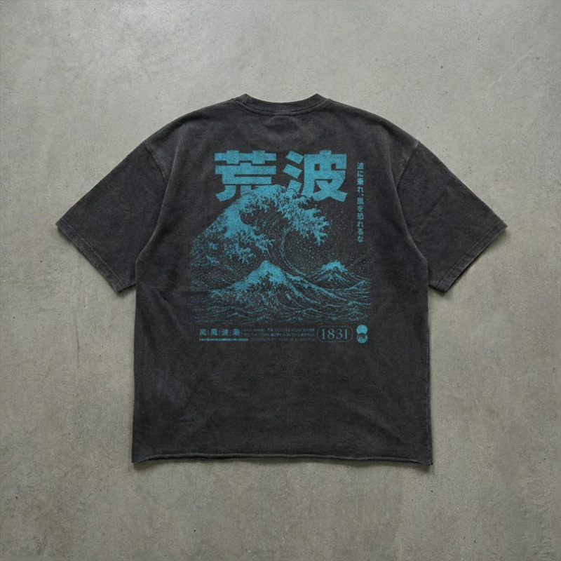Vintage Washed T-shirt Japanese The Great Wave Back Print Kanagawa Ocean Graphic Cotton Loose Short Sleeve Men Streetwear Tee