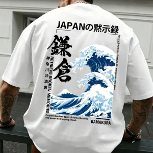 Men Japanese Ukiyo-e Wave Graphic T Shirt Kamakura Japan Vintage Back Print Oversized Streetwear Casual Cotton Tee Summer Top