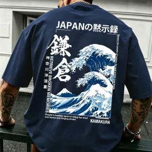 Men Japanese Ukiyo-e Wave Graphic T Shirt Kamakura Japan Vintage Back Print Oversized Streetwear Casual Cotton Tee Summer Top