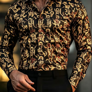 Men’s Shirt Satin New Gilded Seal Script Pattern Flower Composite Printed Long Sleeve Shirt Smooth Satin Collar Men’s Top