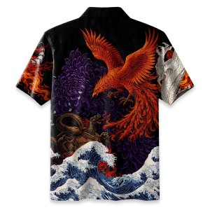 Men’s Dragon Tiger Ukiyo-e Hawaiian Shirt Black Great Wave Flame Print Button Down Beach Vacation Casual Short Sleeve Shirt