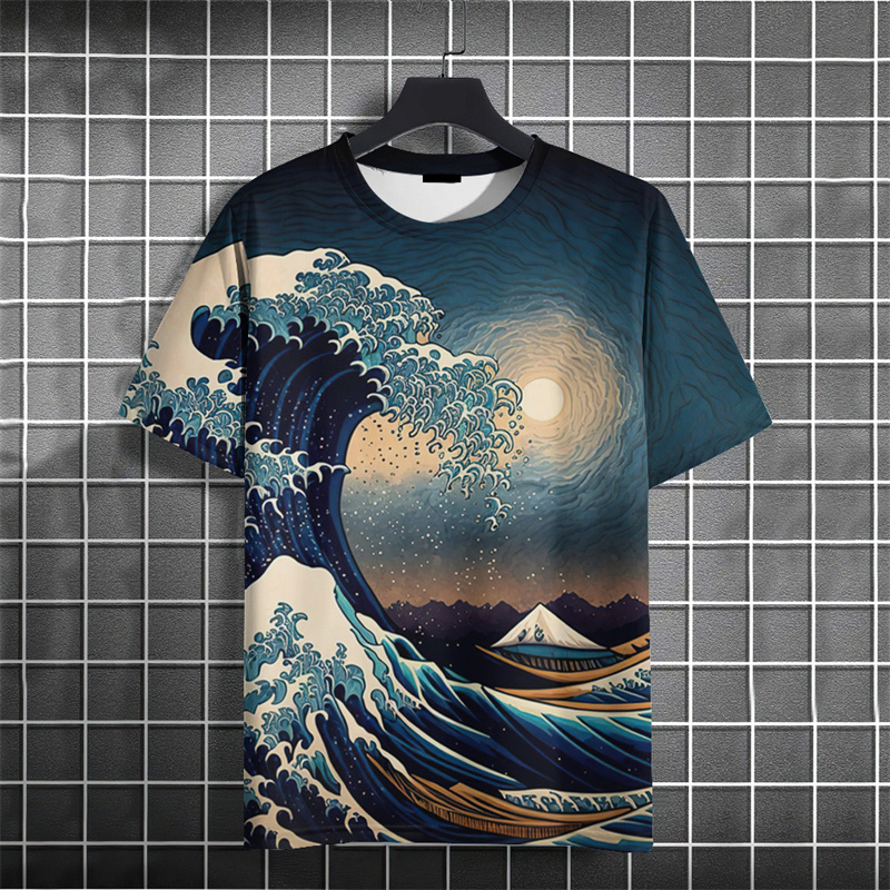 Men Japanese Ukiyo‑e The Great Wave Print T‑Shirt Retro Ocean Art Short Sleeve O‑Neck Casual Streetwear Summer Tees