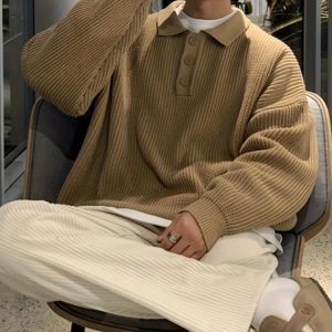 Fashionable Turn-down Collar Ribbed Texture Tops Mens 2026 Autumn Warm Solid Color Long Sleeve Polo Shirts Male Daily Outdoor