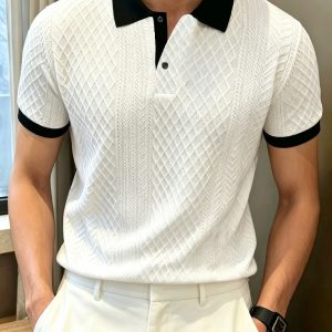 Men’s Mature Business Contrast Collar Diamond Jacquard Short Sleeve Polo, Ribbed Collar, 2-Button Placket for Office Commute & B