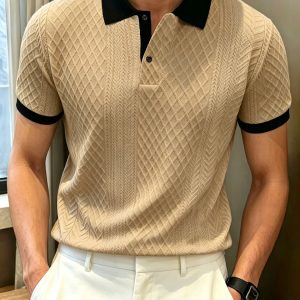 Men’s Mature Business Contrast Collar Diamond Jacquard Short Sleeve Polo, Ribbed Collar, 2-Button Placket for Office Commute & B