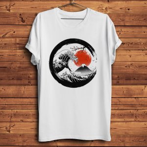 Ukiyoe Sumi-e Great Kanagawa Wave Mount Fuji Sunset Funny Vintage T Shirt Homme Men Casual Short Tshirt Unisex Streetwear Tee