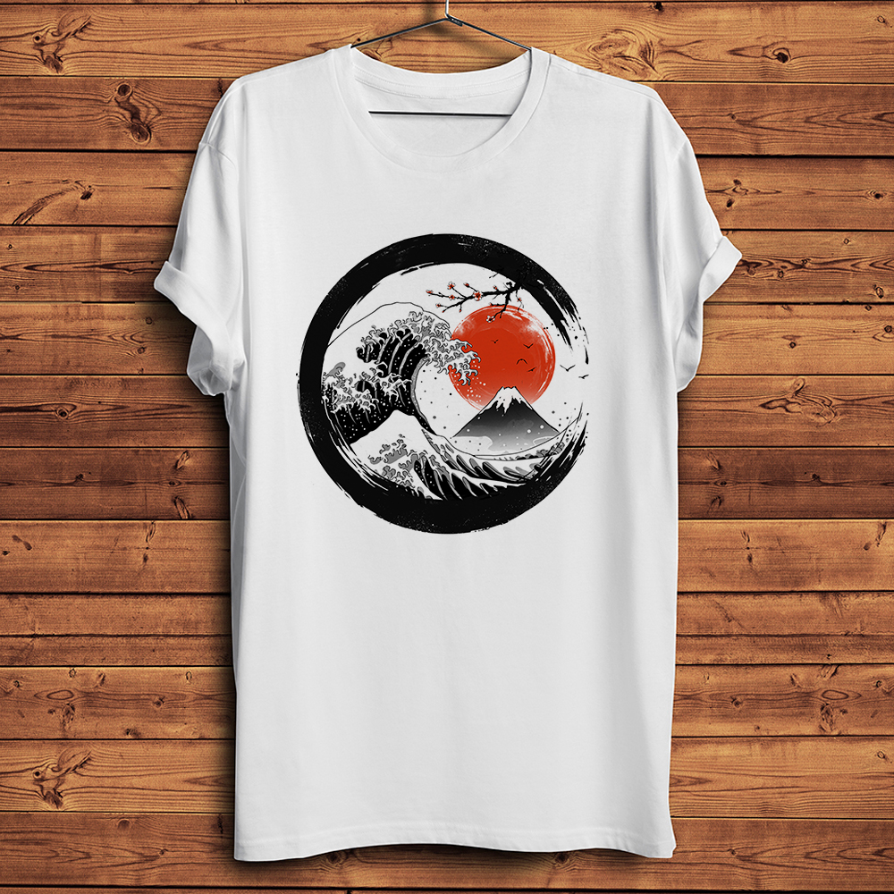 Ukiyoe Sumi-e Great Kanagawa Wave Mount Fuji Sunset Funny Vintage T Shirt Homme Men Casual Short Tshirt Unisex Streetwear Tee