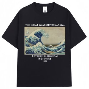 Japanese Art Style Great Wave Off Kanagawa Hokusai T-shirts Men Women 90s Vintage Manga T Shirts Oversized Cotton T Shirt Gifts