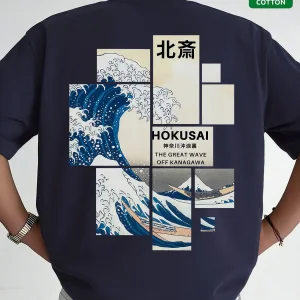 Men’s Japanese Hokusai Great Wave Graphic T Shirt Cotton Ukiyo-e Kanagawa Oversized Streetwear Korean Style Casual Summer Tee