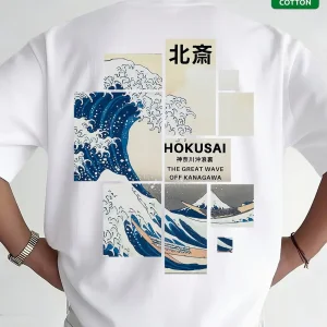 Men’s Japanese Hokusai Great Wave Graphic T Shirt Cotton Ukiyo-e Kanagawa Oversized Streetwear Korean Style Casual Summer Tee
