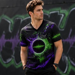 Men’s Abstract Sound Wave Graphic Print T Shirt Techwear Style V Neck Short Sleeve Summer Casual Streetwear Hip Hop Tops