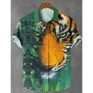 Men’s New Retro Linen Short Sleeved Shirt With Giant Monster Pattern Printed Casual And Comfortable Button Top