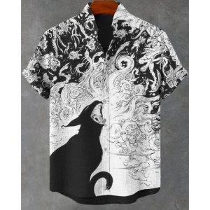 Men’s New Retro Linen Short Sleeved Shirt With Giant Monster Pattern Printed Casual And Comfortable Button Top