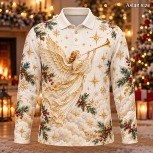 Christmas Angel Long Sleeve Polo Shirt for Men 3D Print Polyester Holiday Graphic Festive Casual Winter Fashion Colorful
