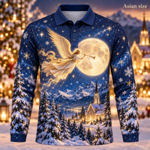 Christmas Angel Long Sleeve Polo Shirt for Men 3D Print Polyester Holiday Graphic Festive Casual Winter Fashion Colorful