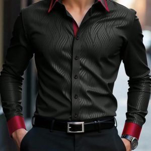Men’s Contrasting Wave Dark Patterned Long Sleeved Shirt with Slim Fit Collar, Business Shirt, Party Casual Men’s Top