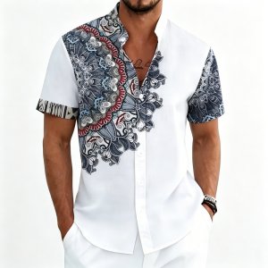Men’s shirt Bohemian top Men’s shirt short sleeved shirt Bohemian style printed stand up collar shirt casual vacation style top comfortable fabric XS-6XL