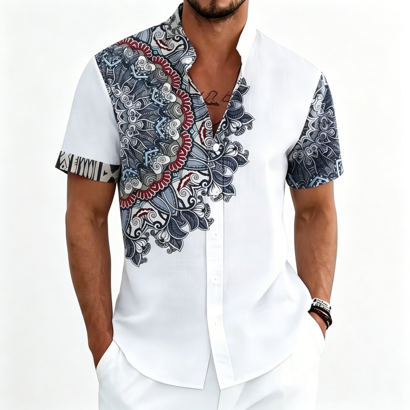 Men's shirt Bohemian top Men's shirt short sleeved shirt Bohemian style printed stand up collar shirt casual vacation style top comfortable fabric XS-6XL