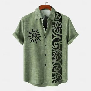 Men's Polynesian Tribal Graphic Shirt – Trendy Short Sleeve Button Up for Street Style, Summer Hangouts & Casual Daily Looks