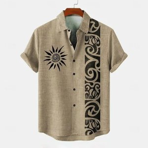 Men’s Polynesian Tribal Graphic Shirt – Trendy Short Sleeve Button Up for Street Style, Summer Hangouts & Casual Daily Looks
