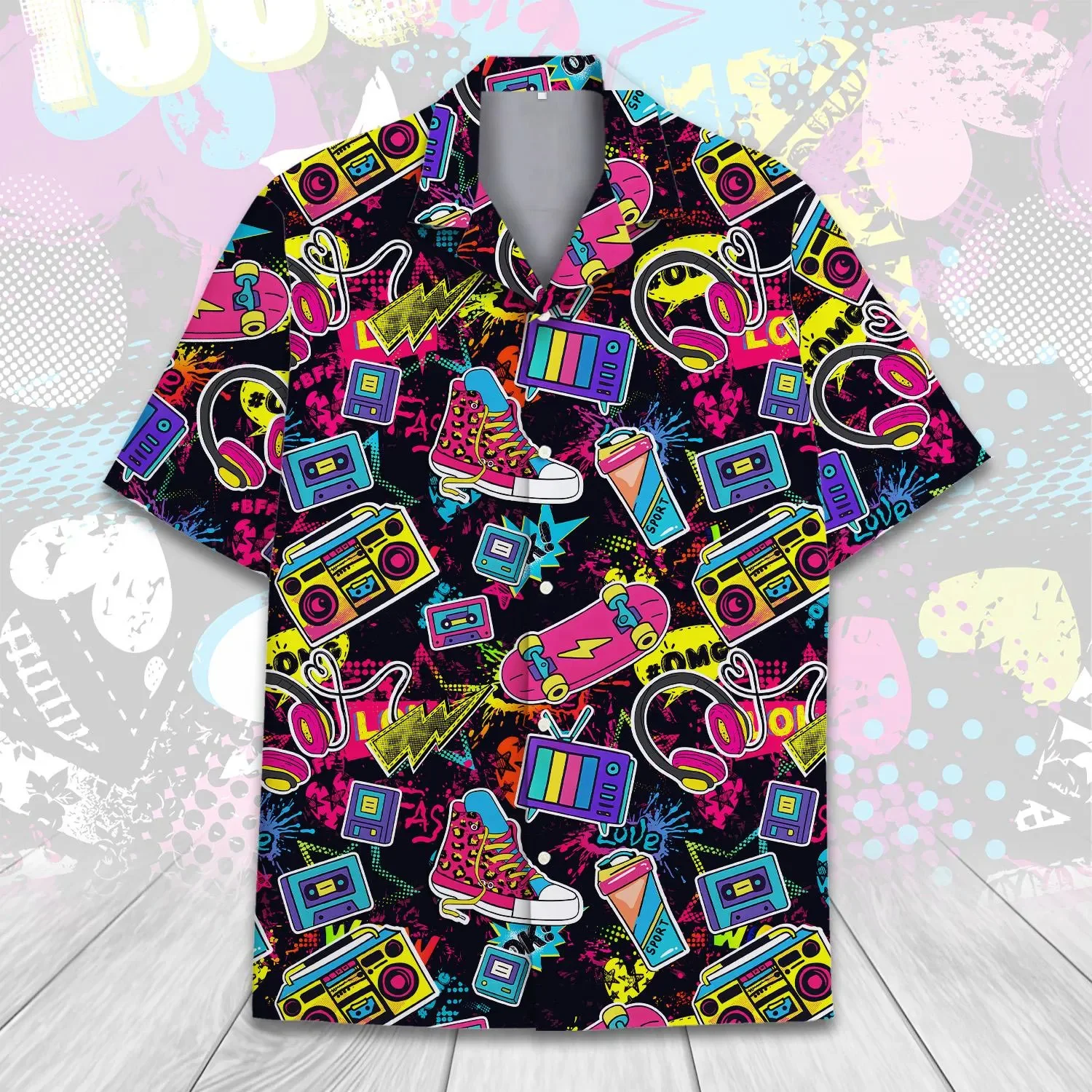 Retro 80s Pop Art Hawaiian Shirt 2026x Neon Cassette Skateboard Headphone Shirt, Vintage 90s Party Button-Up Summer Unisex Shirt