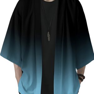Men’s Fashion Gradient Print Loose-Fit Kimono  Casual Summer Beachwear,Open Front, Lightweight Polyester Kimono Style Streetwear