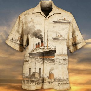 Men’s Summer Casual Shirt, Retro Vessel Sketch on Aged Paper, Turn-Down Collar Top for Nautical & Vintage Lovers