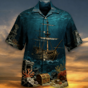 Men’s Summer Casual Shirt, Retro Vessel Sketch on Aged Paper, Turn-Down Collar Top for Nautical & Vintage Lovers