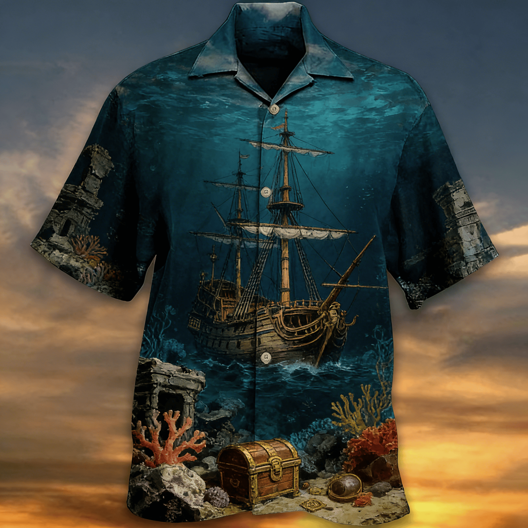Men's Summer Casual Shirt, Retro Vessel Sketch on Aged Paper, Turn-Down Collar Top for Nautical & Vintage Lovers