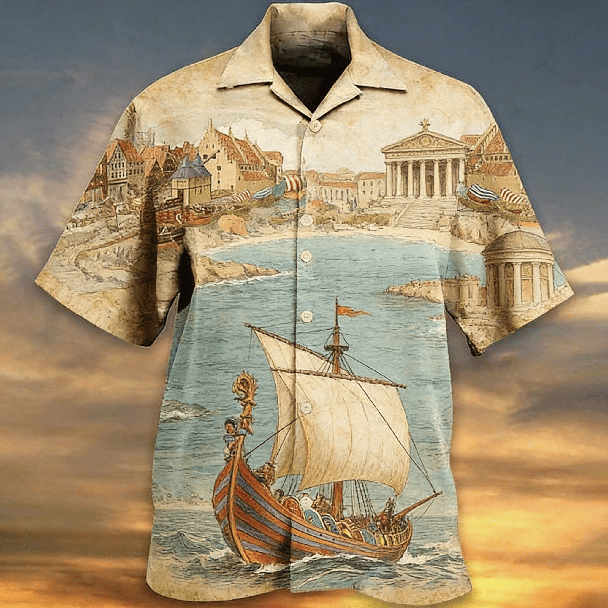 Men's Summer Casual Shirt, Retro Vessel Sketch on Aged Paper, Turn-Down Collar Top for Nautical & Vintage Lovers
