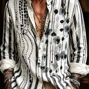 Men’s Wave Shirt Cherry Blossom New Wave Cherry Blossom Printed Long Sleeve Shirt with Collar for Men’s Artistic Vacation and Wind Top